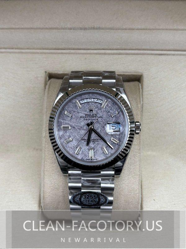 Clean Factory Rolex Day-Date 40mm 228239 President, Meteorite Dial With Baguette Diamonds, Platinum Fluted Bezel, 18K White Gold wrapped 904L Steel, Best Edition 3255 Movement