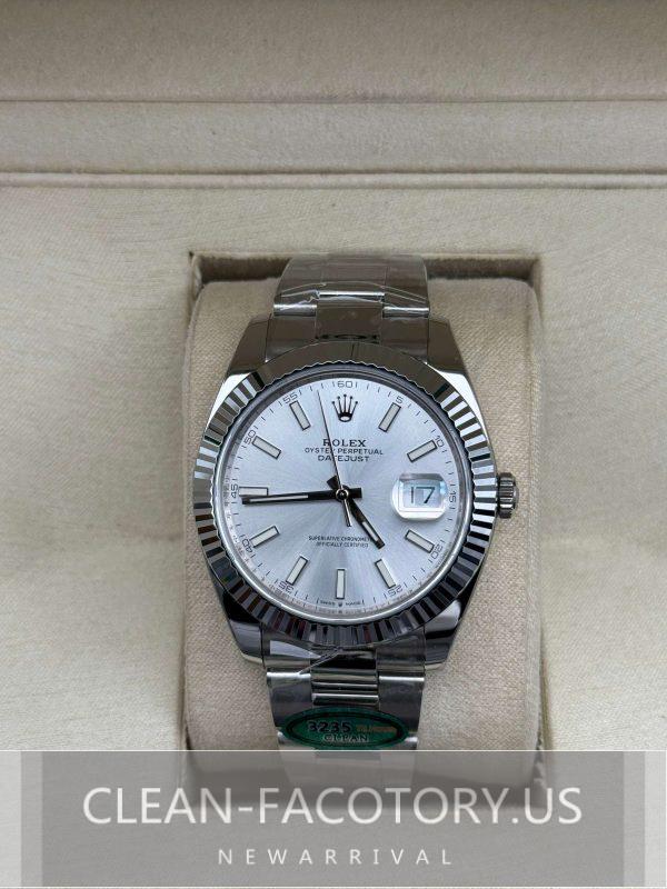 Clean Factory Rolex Datejust 41mm 126334 Oyster Silver Dial, White Gold Fluted Bezel, 904L Steel, Best Edition 3235 Movement