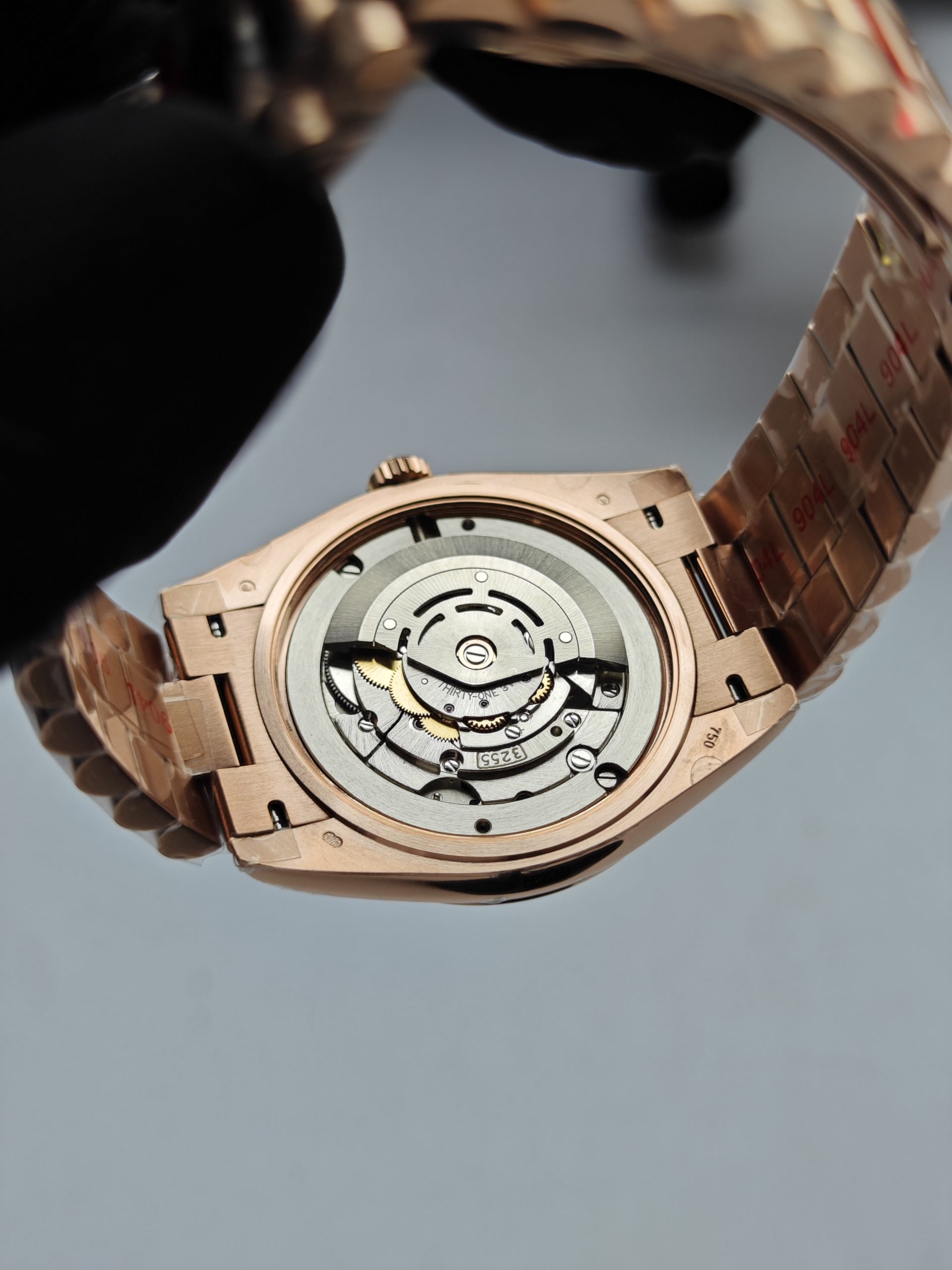 Clean Factory Rolex Day Date 40mm 228235 President Eisenkiesel Dial with Baguette Diamonds Rose Gold Fluted Bezel