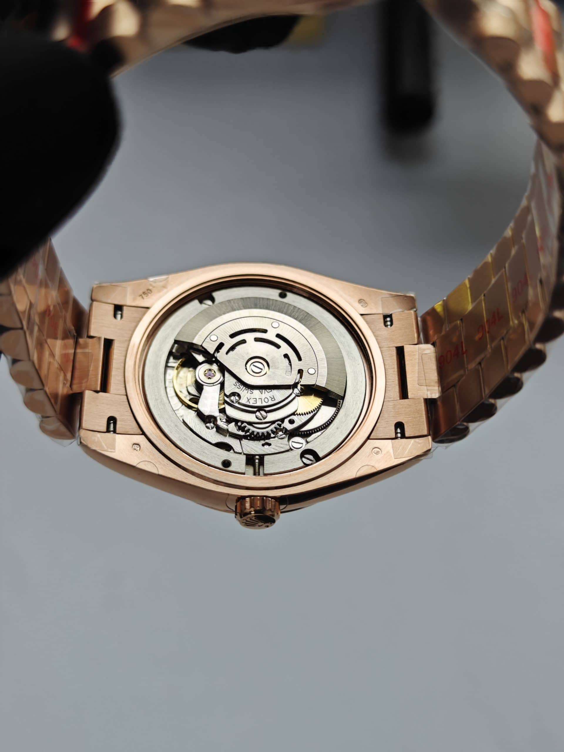 Clean Factory Rolex Day Date 40mm 228235 President Eisenkiesel Dial with Baguette Diamonds Rose Gold Fluted Bezel