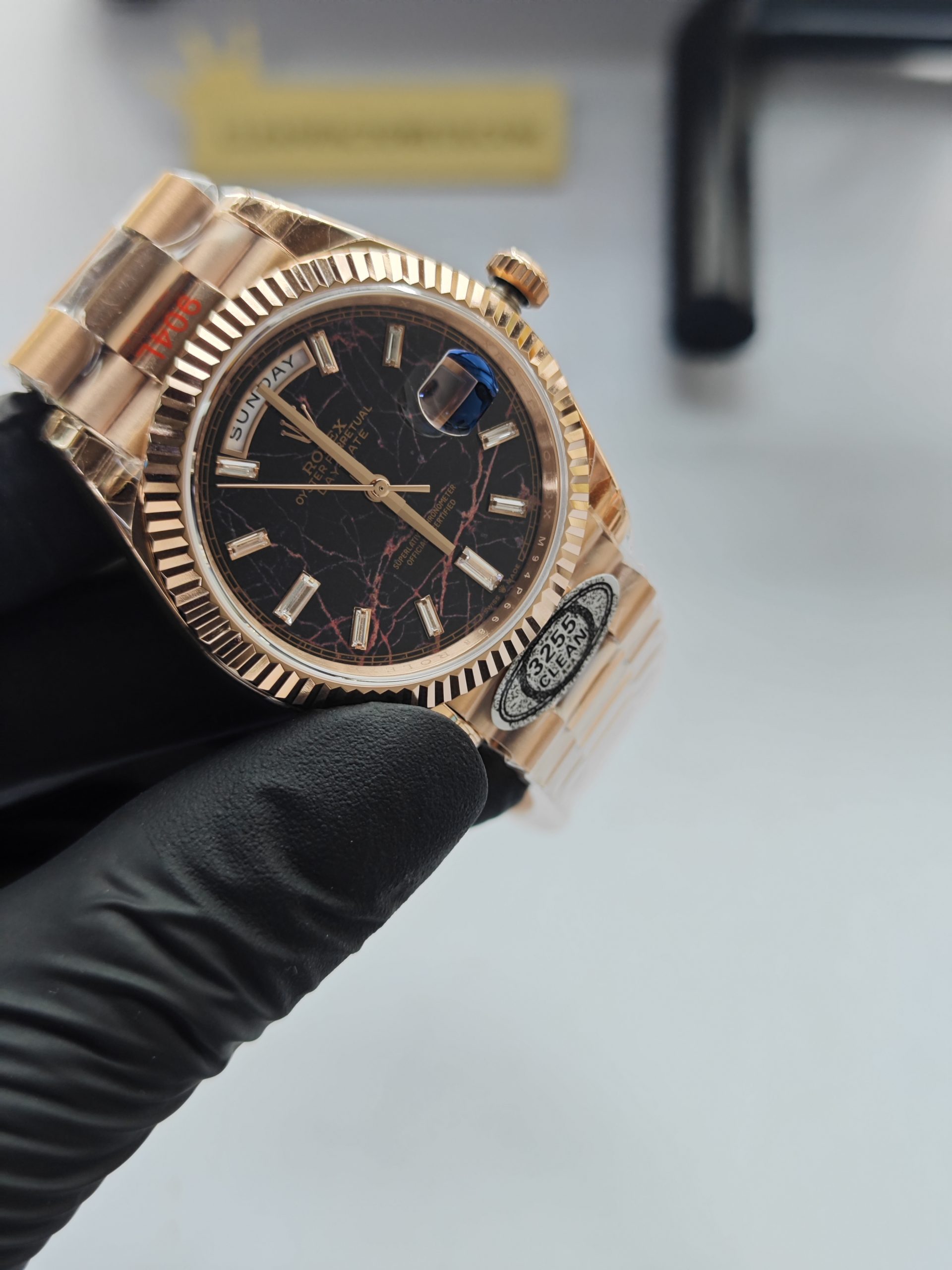 Clean Factory Rolex Day Date 40mm 228235 President Eisenkiesel Dial with Baguette Diamonds Rose Gold Fluted Bezel