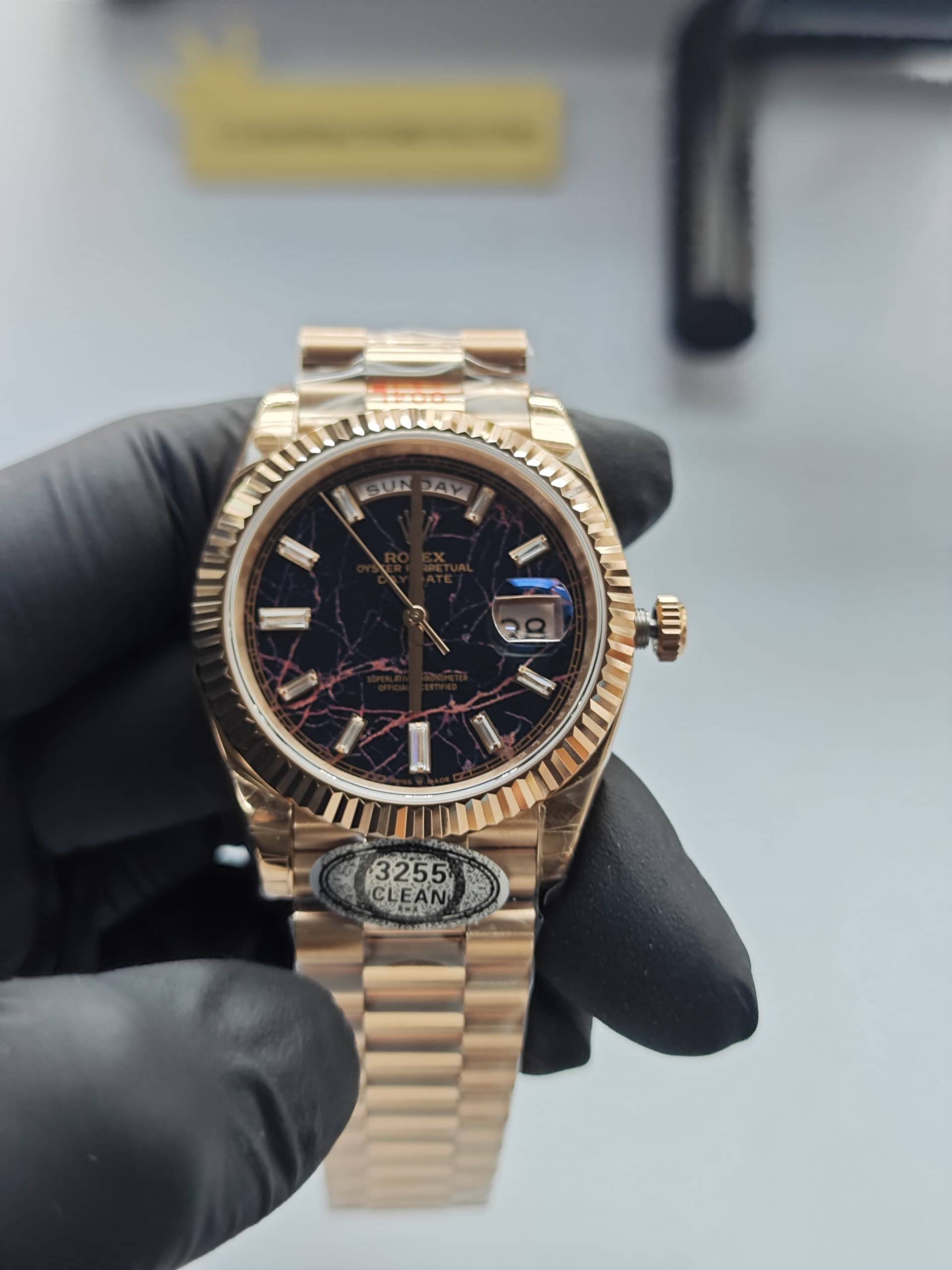 Clean Factory Rolex Day Date 40mm 228235 President Eisenkiesel Dial with Baguette Diamonds Rose Gold Fluted Bezel