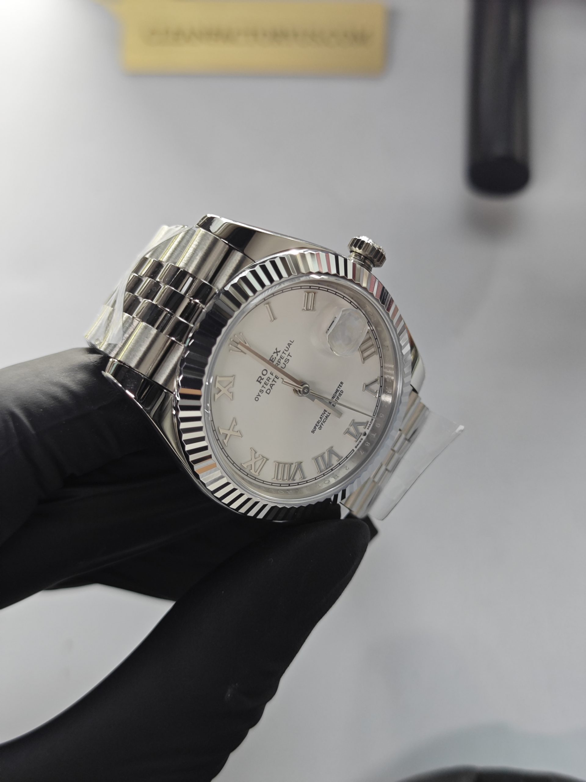 Clean Factory Datejust 41mm Jubilee White Dial Roman Markers, White Gold Fluted Bezel
