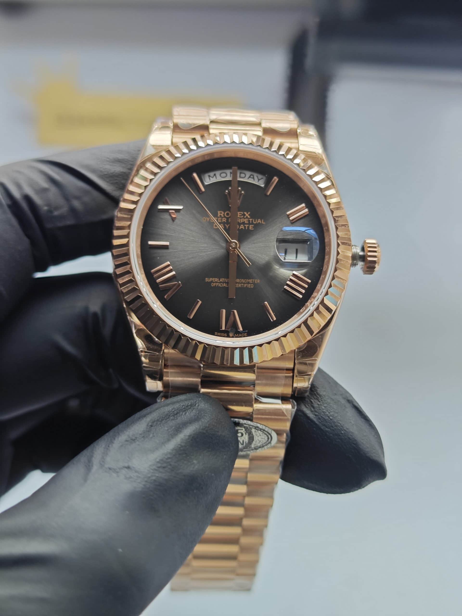 Clean Factory Rolex Day-Date 40mm 228235 President “Oscars” Slate Ombré Dial, Rose Gold Fluted Bezel