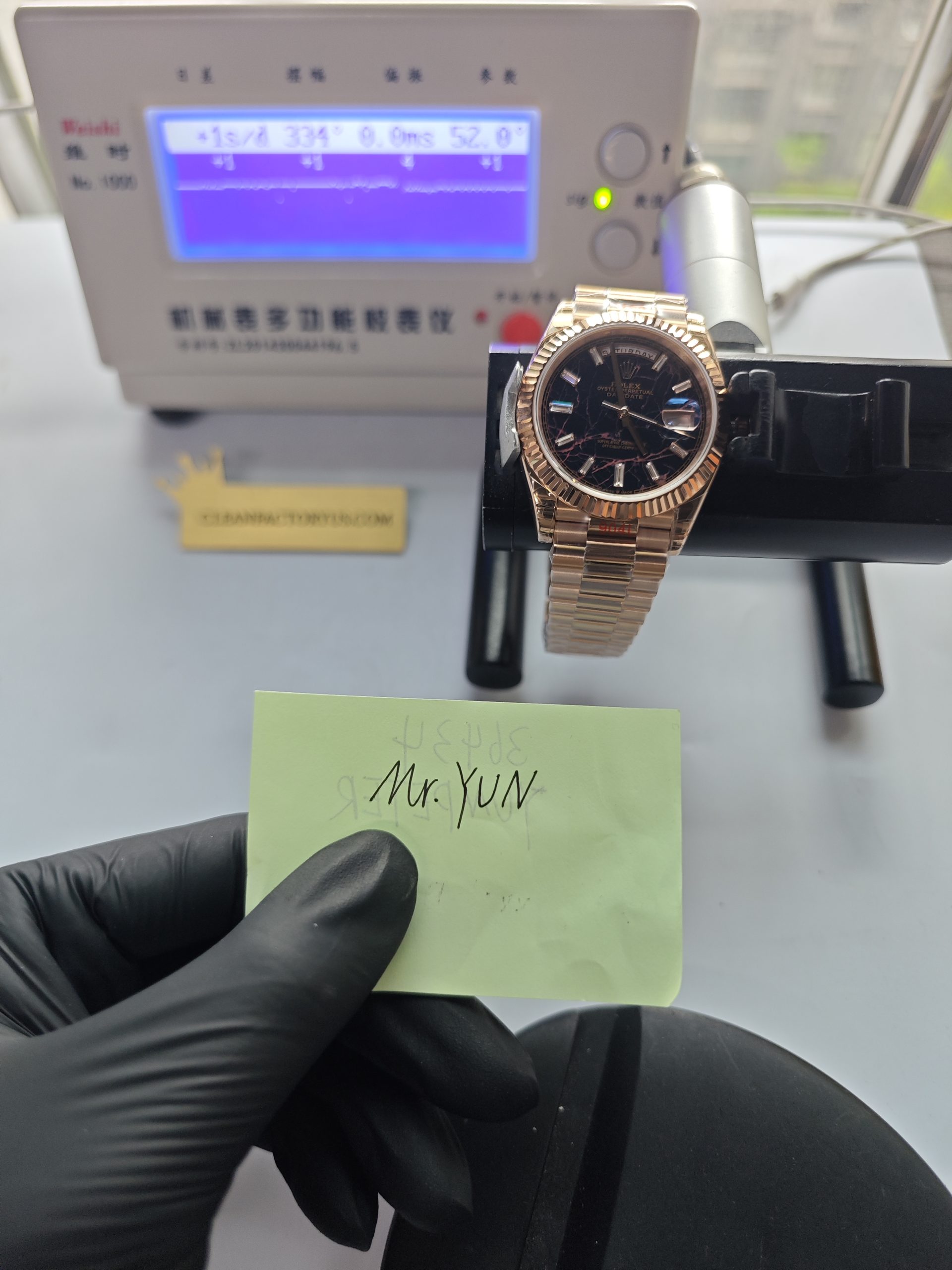 Clean Factory Rolex Day-Date 40mm 228235 President , Eisenkiesel Dial with Baguette Diamonds, Rose Gold Fluted Bezel