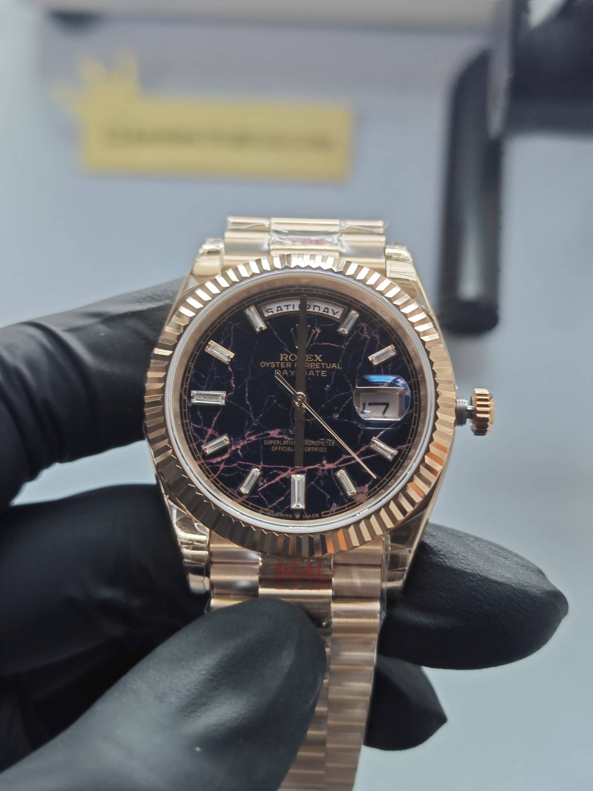 Clean Factory Rolex Day-Date 40mm 228235 President , Eisenkiesel Dial with Baguette Diamonds, Rose Gold Fluted Bezel