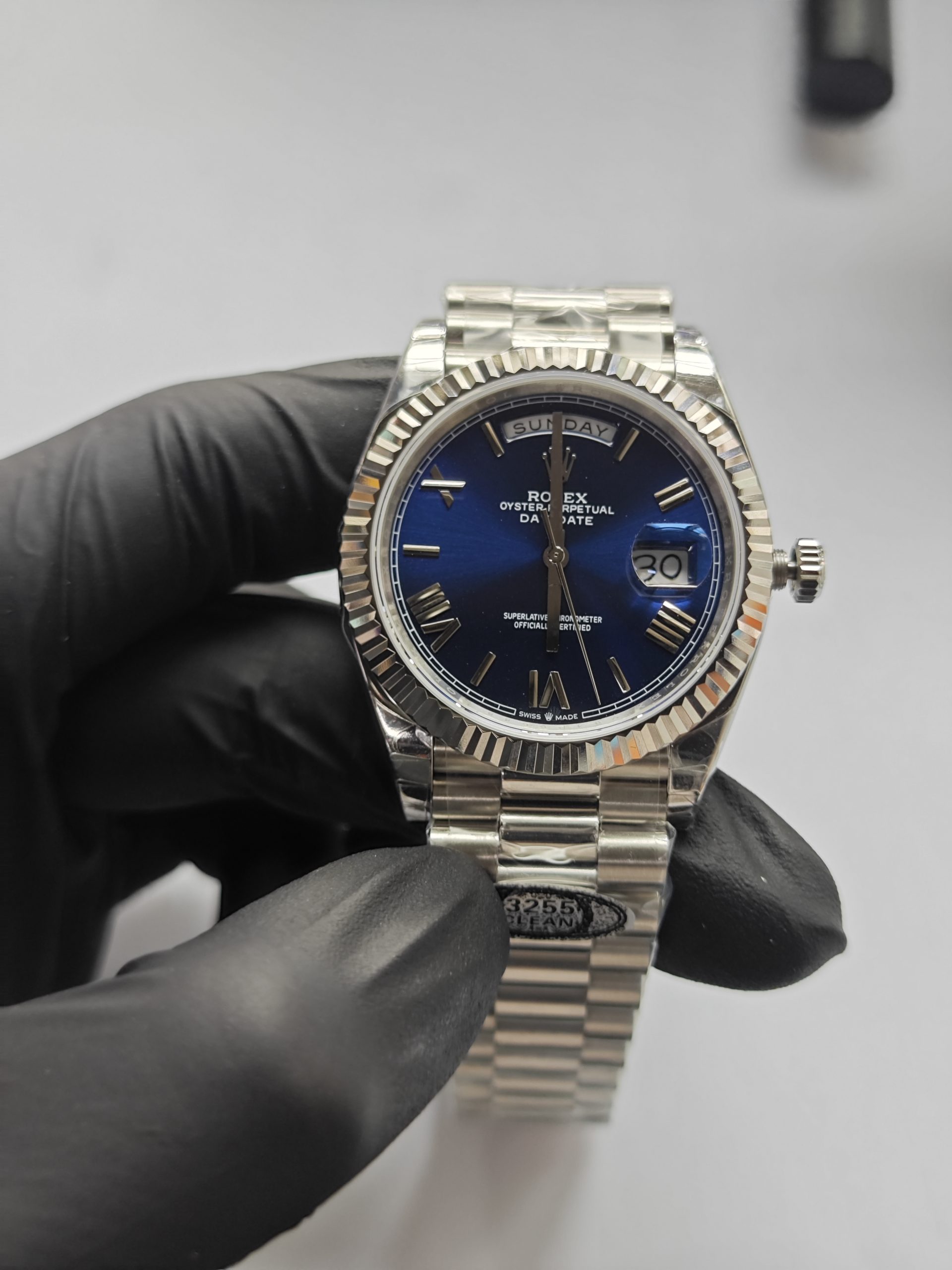 Clean Factory Rolex Day Date 40mm 228239 President Blue Dial Platinum Fluted Bezel 18k Gold Wrapped 904l Steel Best Edition 3255 Movement
