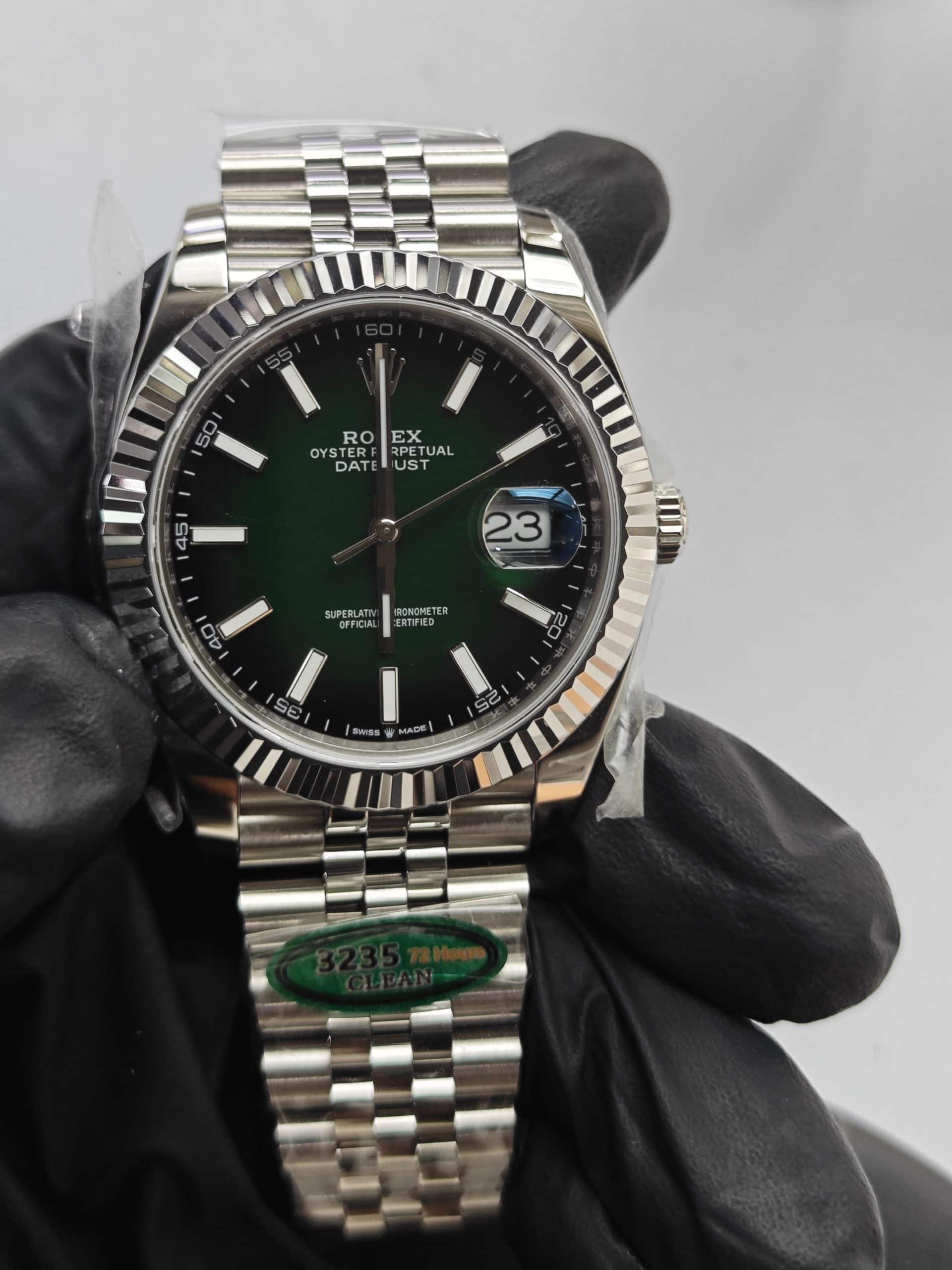 Clean Factory Datejust 41mm 126334 Jubilee, Gradient Green Dial, White Gold Fluted Bezel