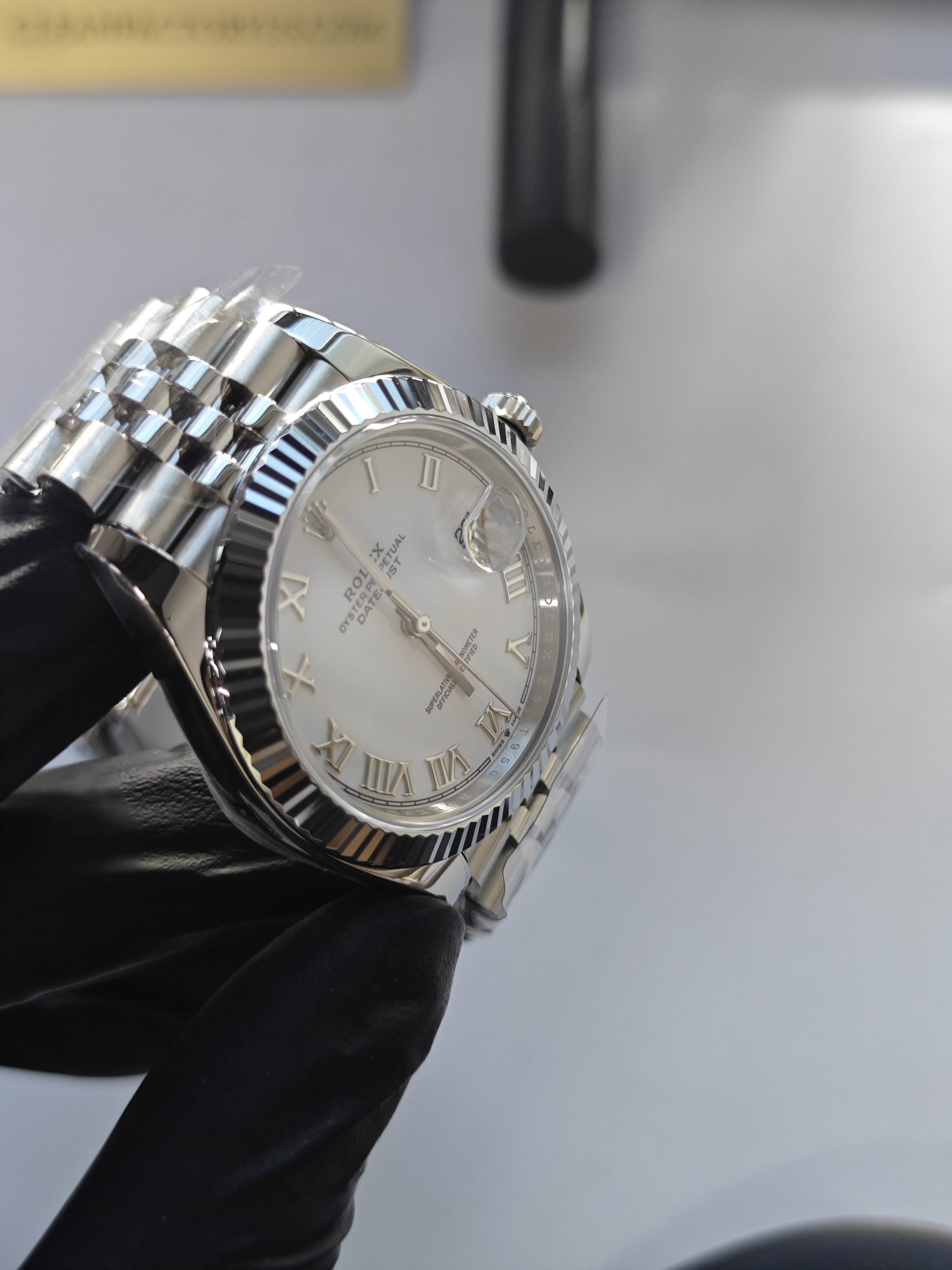 Clean Factory Datejust 41mm Jubilee White Dial Roman Markers, White Gold Fluted Bezel