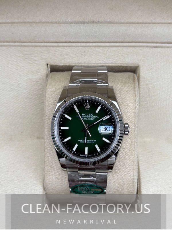 Clean Factory Rolex Datejust 36mm 126234 Oyster, Gradient Green Dial, White Gold Fluted Bezel, Solid 904L Steel, Best Edition 3235 Movement