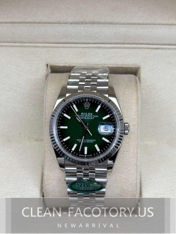 Clean Factory Rolex Datejust 36mm 126234 Jubilee, Gradient Green Dial, White Gold Fluted Bezel, Solid 904L Steel, Best Edition 3235 Movement