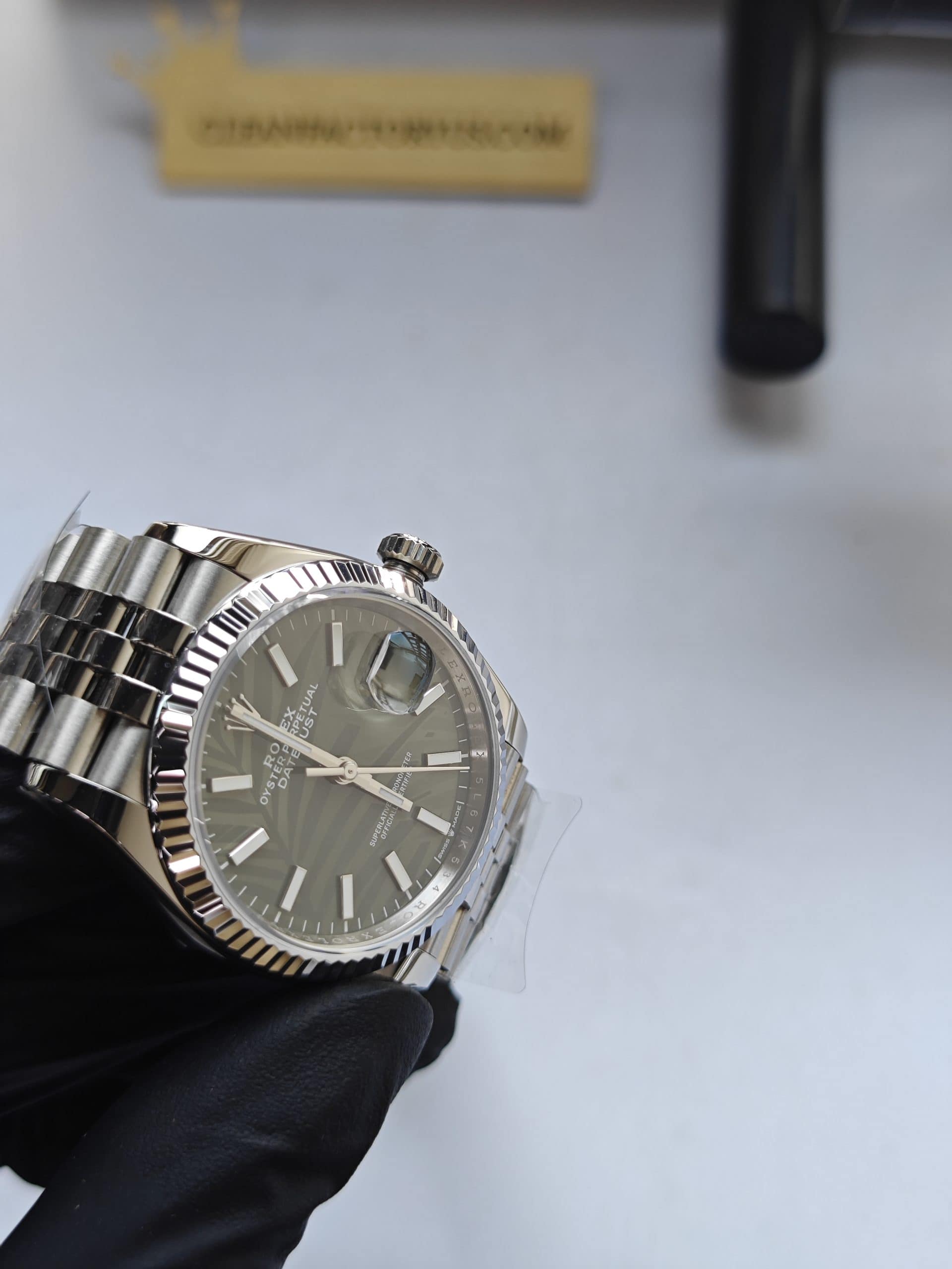 Clean Factory Datejust 36mm 126234Jubilee Olive Green Palm Motif Dial, White Gold Fluted Bezel