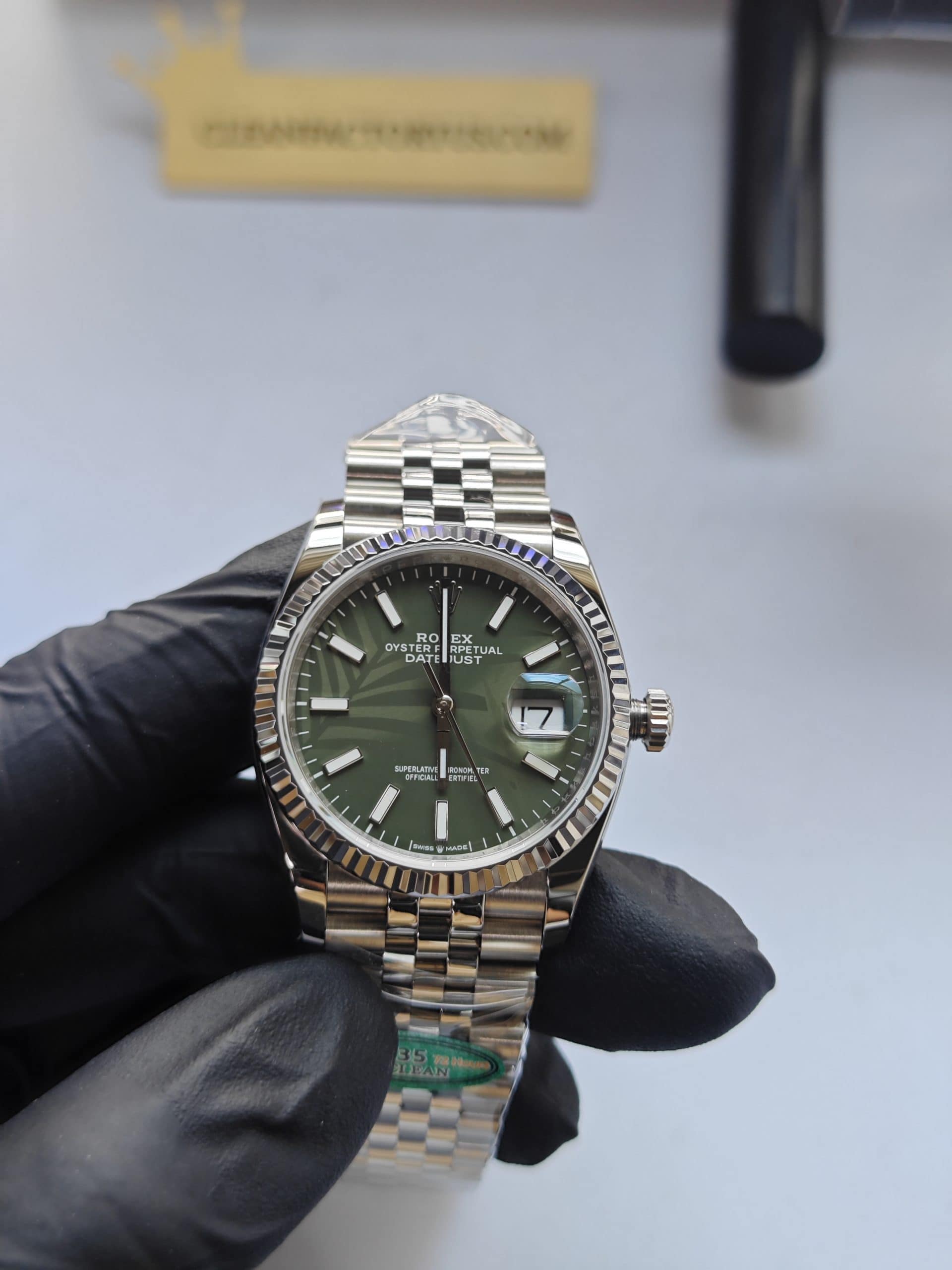 Clean Factory Datejust 36mm 126234Jubilee Olive Green Palm Motif Dial, White Gold Fluted Bezel