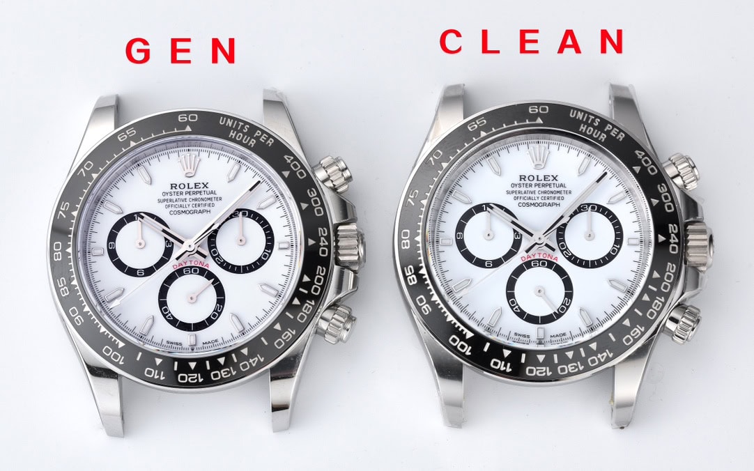 Side-by-side full dial comparison between Clean Factory Daytona 126500LN and genuine control specimen