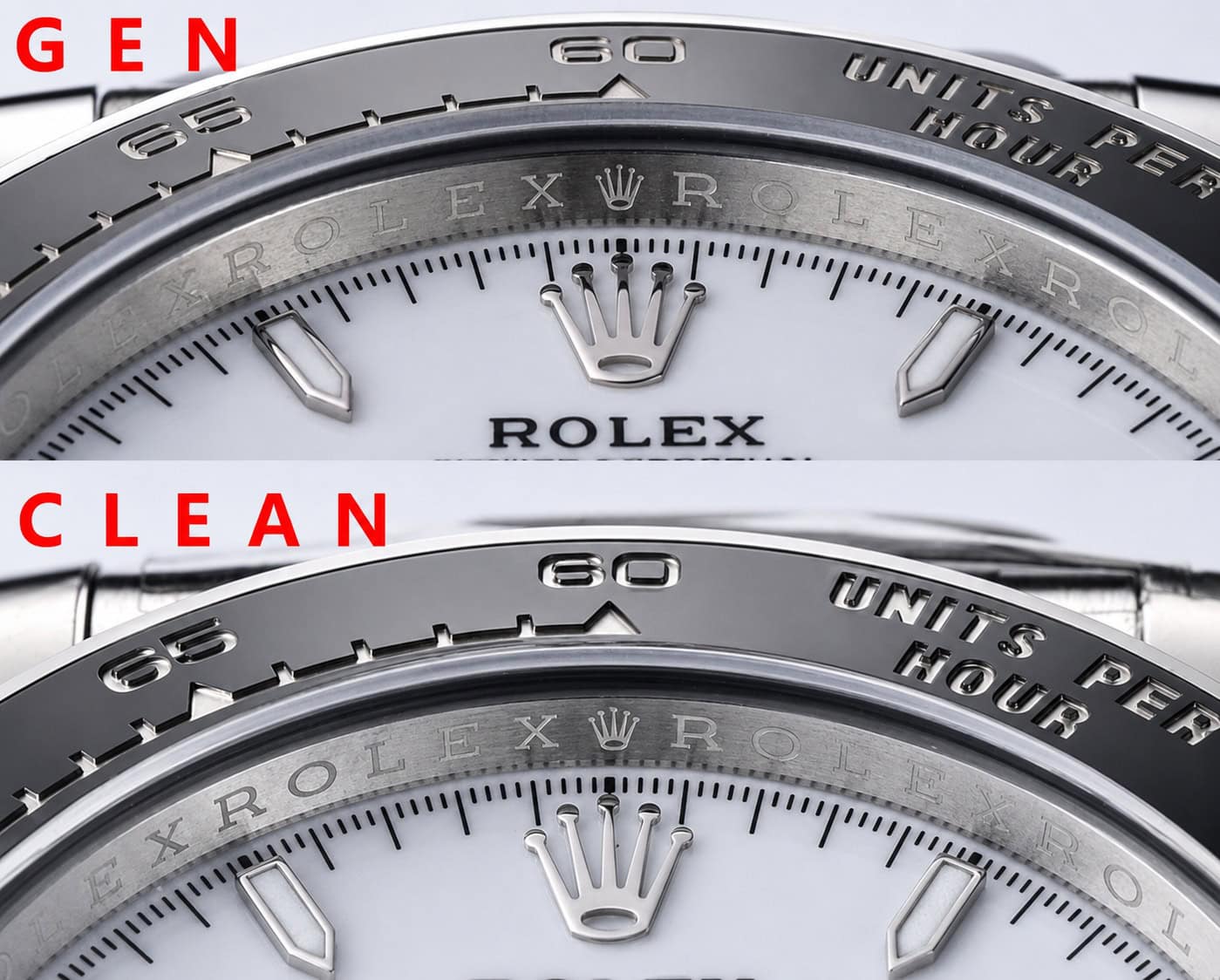 Vertical alignment of inner rehaut laser-etched brand text and coronet against the dial minute track