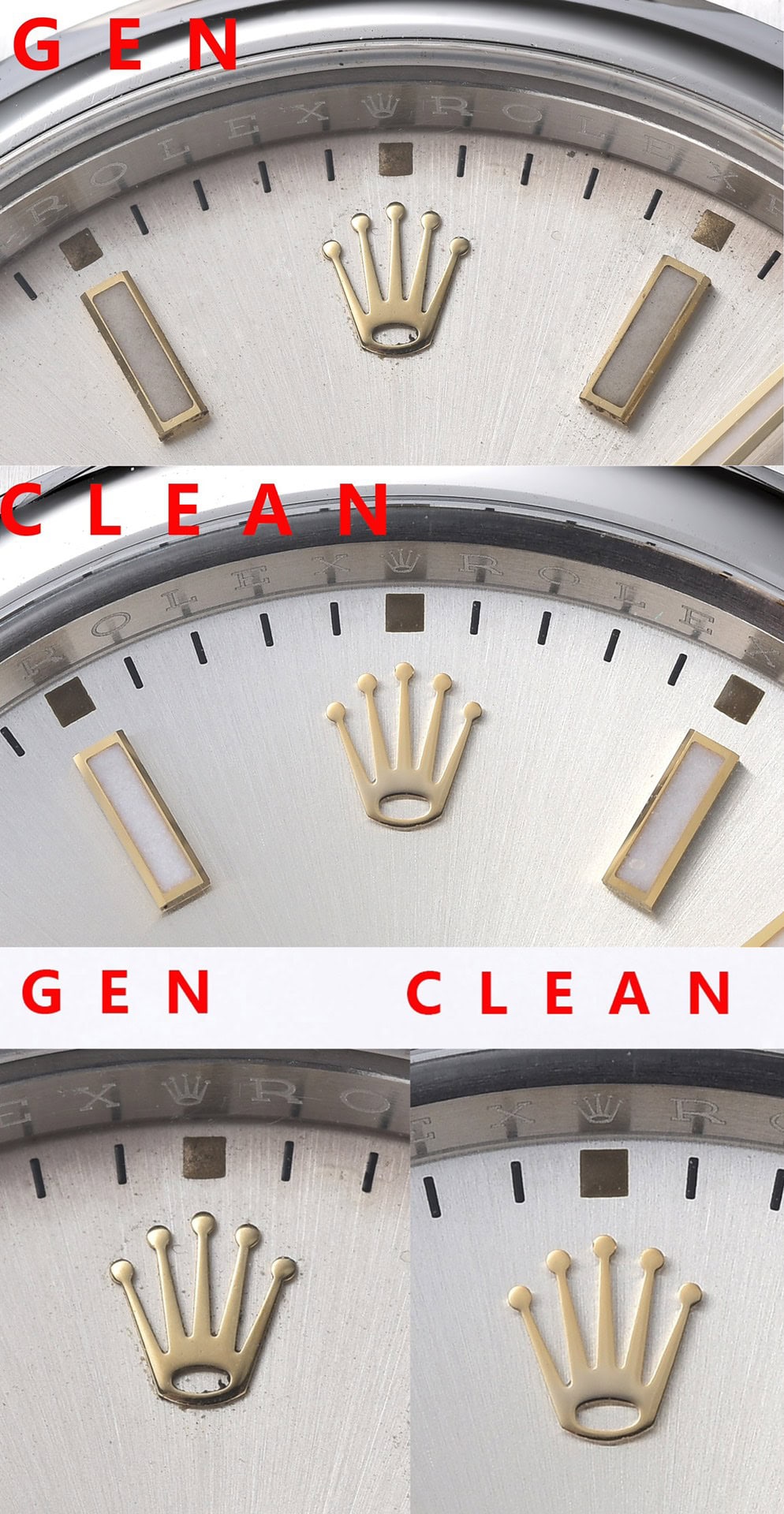 Clean Factory vs Gen 124300 12 O'Clock Coronet and Sunburst Brushing Macro
