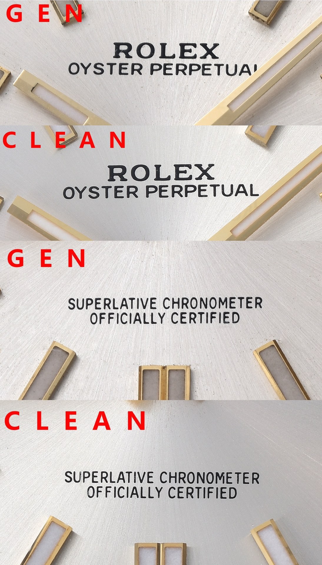 Clean Factory vs Gen 124300 Dial Typography Pad Printing Comparison