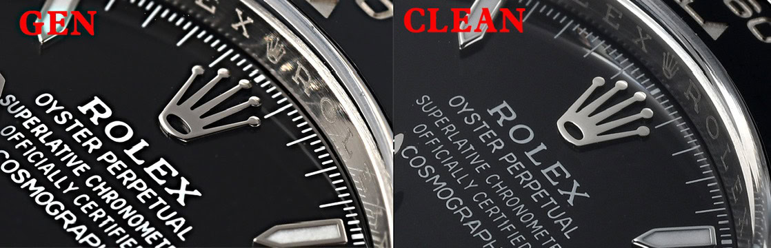 Clean Factory vs Gen 126519LN Coronet and Dial Text Macro Comparison