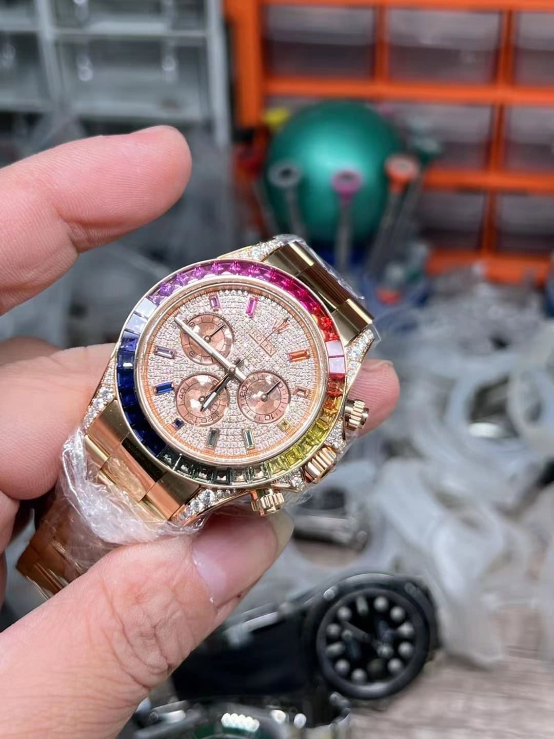 SW Factory Full Pavé Diamond Dial and Buff Hands Close-Up
