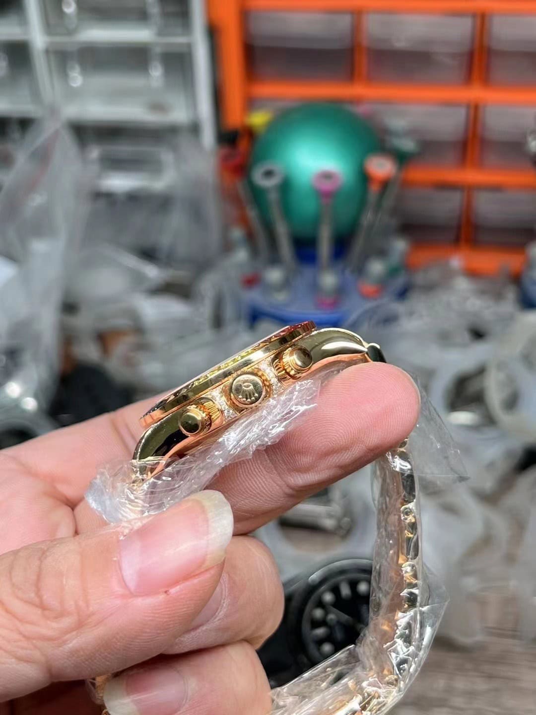 Side Case Profile Showing Heavy 18k Everose Gold Wrapping and Pushers