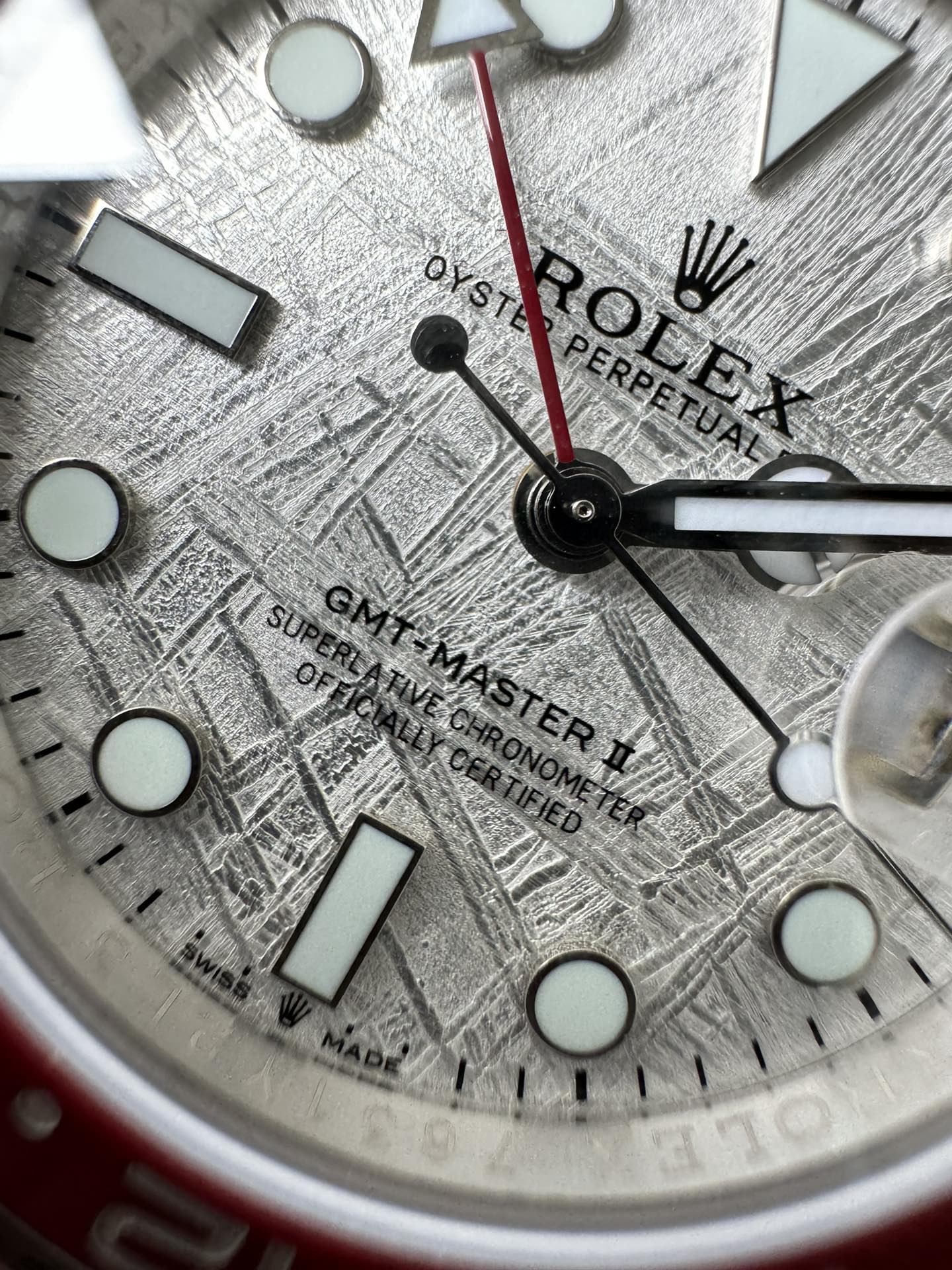 Macro Detail of Clean Factory Sliced Meteorite Dial and Widmanstatten Pattern